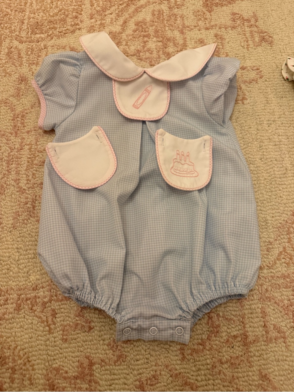 Lullaby set 12m Blue Gingham Baby One-Piece with Pink Trim